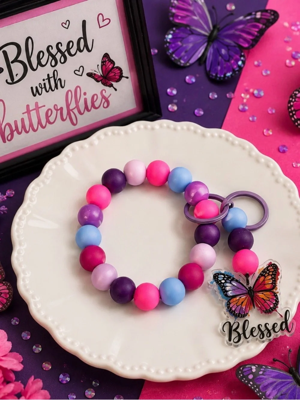 Colorful Beaded Wristlet Keychain with Butterfly Charm